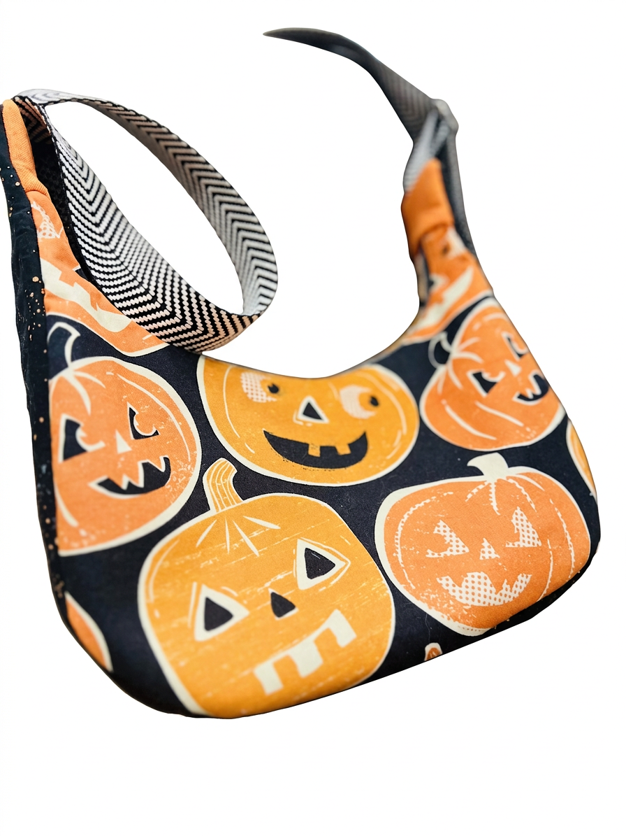 Black hobo shoulder bag with large orange jack-o'-lanterns and a black-and-cream chevron strap on a white background.