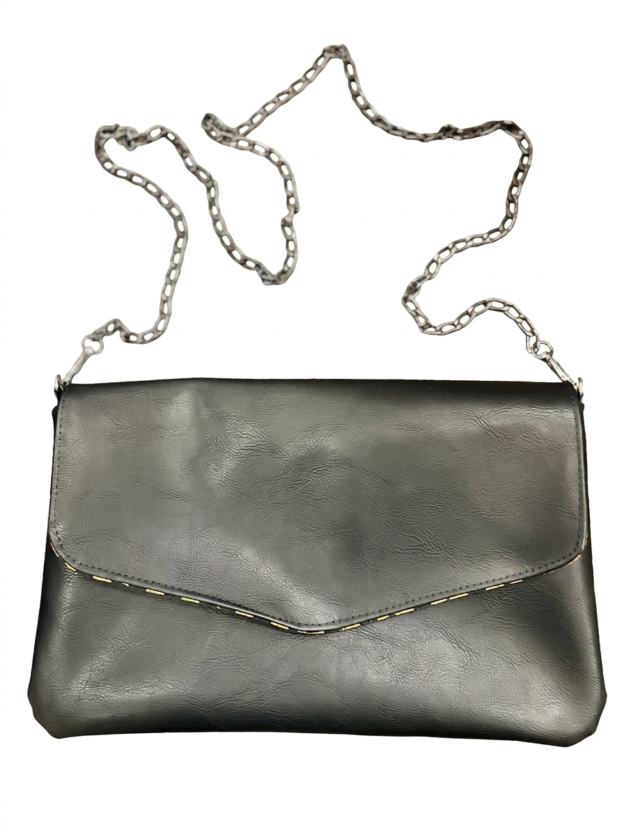 Black textured envelope bag with a pointed flap and metal chain strap on a white background.